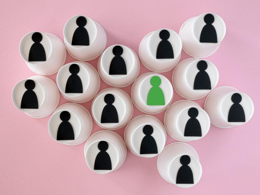 Pink background with white buttons featuring an outline of a person